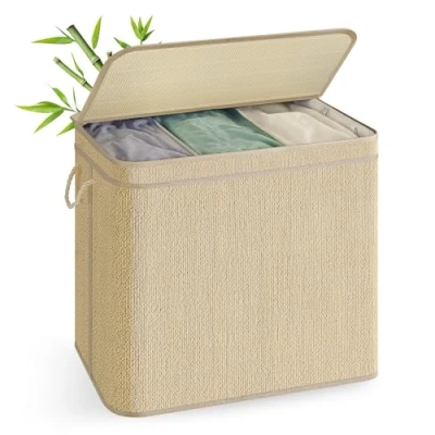 Afbeelding van SONGMICS Panier à Linge en Bambou 3 Compartiments, Corbeille Sale, 170 Litres, Sac Amovible et Lavable Machine, Couvercle, Poignées, Buanderie, Chambre, Salon, Couleur Naturelle LCB069Y01