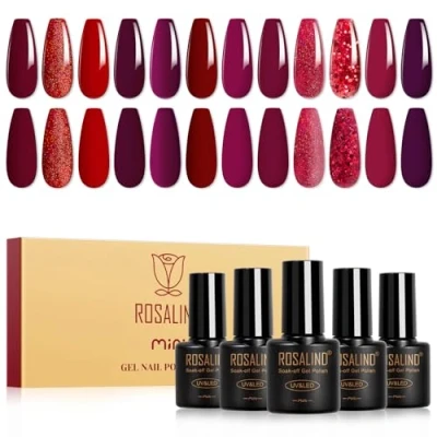 Afbeelding van ROSALIND Nagellak, semi permanent, rood, 12 kleuren, bordeauxrood, donkerrood, glitter, uv gel, soak off, UV/LED, nagellak voor vrouwen, doe het zelf, nail art, manicure