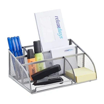 Afbeelding van Relaxdays pennenbak 5 vakken gaas metaal bureaustandaard Mesh bureau organizer zilver
