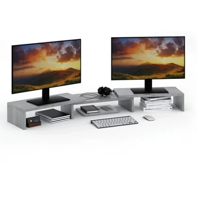 Afbeelding van ComfortCove Houder voor twee monitoren, monitorhouder, monitorstandaard, bureau organizer, computerhouder, 3 planken, verstelbare lengte, grijs