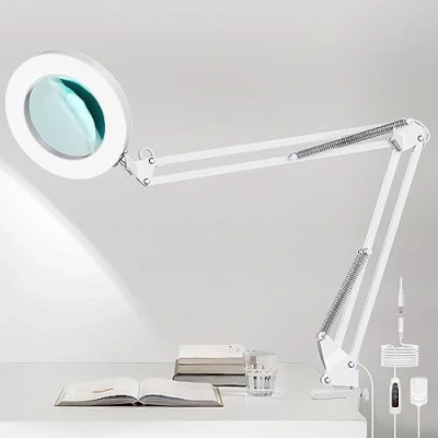 Afbeelding van 5 x led vergrootlamp, bureauvergrootlamp met klem, verstelbare metalen draaibare arm, 3 kleurmodi, traploos dimmen, geheugenfunctie, voor reparatie/naaien/werken/lezen