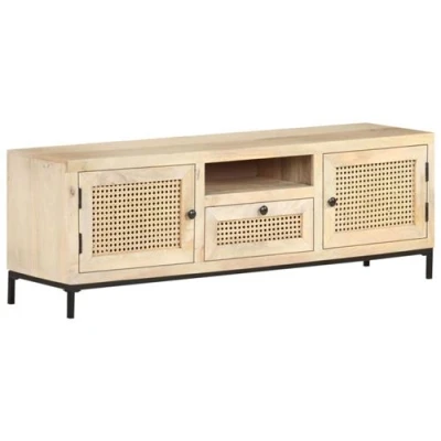 Afbeelding van Tv meubel 120x30x40 cm massief mangohout en natuurlijk riet