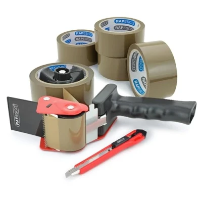Afbeelding van Rapesco 1581 960 plakbanddispenser met vijf rollen bruin plakband en een cutter