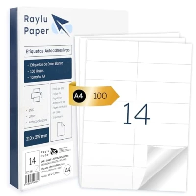 Afbeelding van Raylu Paper ® Witte zelfklevende etiketten voor het afdrukken van A4 papier laserinkjetprinters en kopieerapparaten, 105 x 42,3 mm