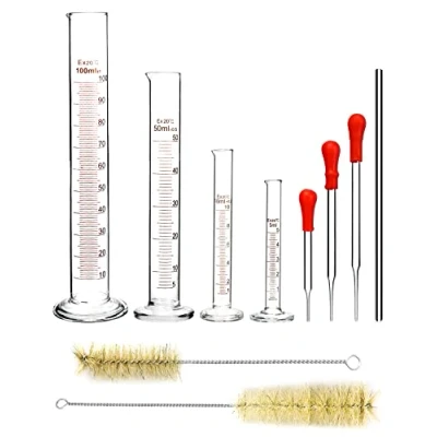 Afbeelding van QWORK® glazen maatcilinder, 5 ml/10 ml/50 ml/100 ml, met 3 druppelaars, 2 reinigingsborstels, 1 roerstaaf