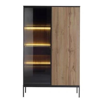 Afbeelding van Selsey Tosena Hoge vitrinekast met verlichting 104 cm Zwart/Wotan eik