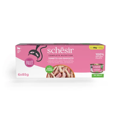 Afbeelding van 6x85g In Gelei Tonijn met Ham Schesir Kattenvoer