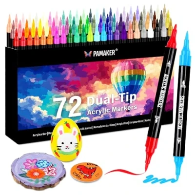 Afbeelding van Set van 72 acrylverfstiften, dubbele punt met fijne en kwast, voor steen, hout, kalligrafie, canvas, keramiek, metaal, glas, rockverf, doe het zelf