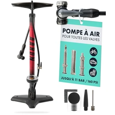 Afbeelding van Een fietspomp voor alle kleppen met manometer, vloerpomp racefiets, e bike, mountainbike, luchtpomp Franse klep, autoklep, fietsklep en adapter
