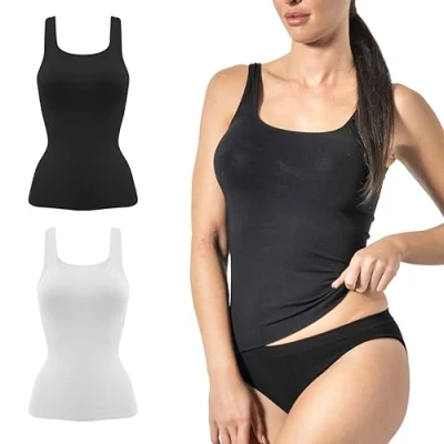 Afbeelding van Risalti Dames bamboe tanktop brede schouder elastisch en ademend damesondergoed, naadloze damestop, basic voor dames, T shirts Made in Italy, wit/zwart, Wit/Zwart