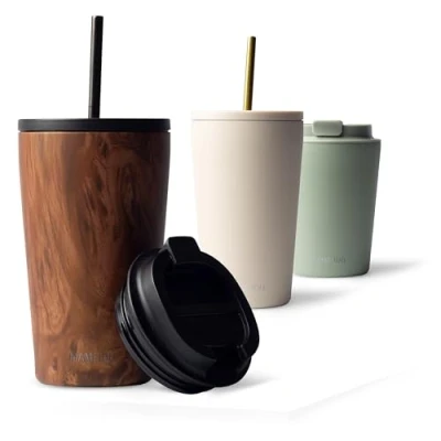 Afbeelding van Mameido Thermosbeker met rietje, 470 ml, waterdichte koffiethermos, roestvrij staal, BPA vrije thermobeker, koffiebruin (Oak Wood, 0,47 l)