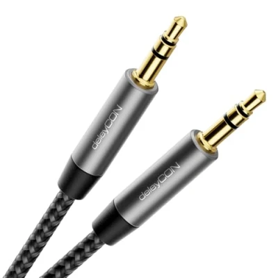 Afbeelding van deleyCON 2m Nylon 3,5mm Jack Audio Stereo AUX Kabel Audiokabel Metaalstekker Mobiele Telefoon Smartphone Tablet Hoofdtelefoon HiFi Ontvanger Zwart
