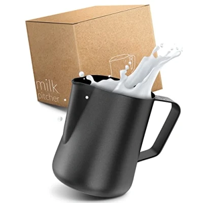 Afbeelding van melkkan voor Barista Teflon gecoat zwart melkschuim, roestvrijstalen melkopschuimkan en Latté Art, melkkan, zwart, 600 ml