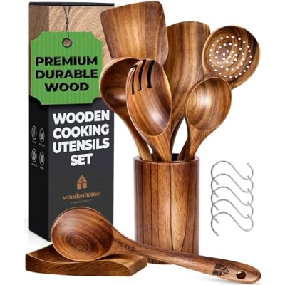 Afbeelding van WOODENHOUSE LIFELONG QUALITY houten kookgerei, keukengerei, set met houder en lepelsteun, teakhouten lepels spatel om te koken, anti aanbaklaag, natuurlijk gezond duurzame van 13 stuks