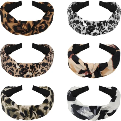 Afbeelding van Belle Vous Brede Top Kruis Knot Luipaard Print Tulband Hoofdbanden (6 Pak) Standaard Geknoopte Elastieken Boho Hoofdband Haar Accessoires voor Dames en Meisjes 6 Ontwerpen