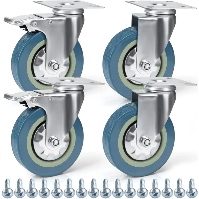 Afbeelding van Kurtzy Zware Kwaliteit Zwenkwielen (4 Pak) 100 mm met Rubberen Banden, Schroeven, Klem Remmen en Metalen Platen Maximale Belasting 280 Kg. Voor Trolleys, Meubels Werkbanken