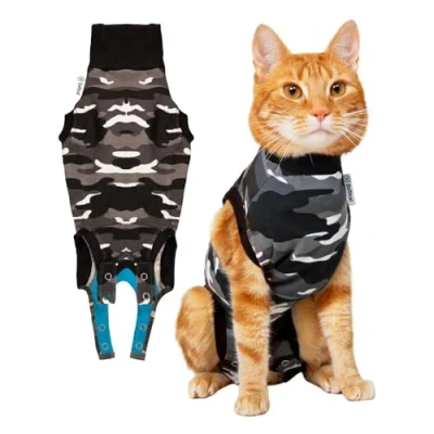 Afbeelding van Suitical Recovery Suit Kat Zwart&amp;Camouflage Antistress kleding Xsmall Hals Tot Staartaanzet 4 45cm
