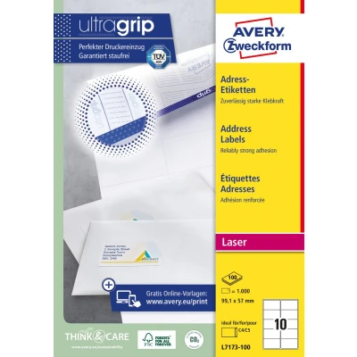 Afbeelding van Avery L7173, Verzendetiketten, Laser, Ultragrip, Wit, 100 Vellen, 10 Per Vel, 99,1 X 57 Mm Etiket