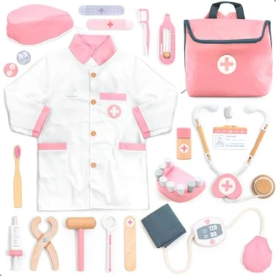 Afbeelding van UMU® mallette de médecin en bois pour enfant avec stéthoscope, tensiomètre, accessoires dentiste et plus encore, docteur, jouet jeu rôle, kit médical filles à partir 3, 4,