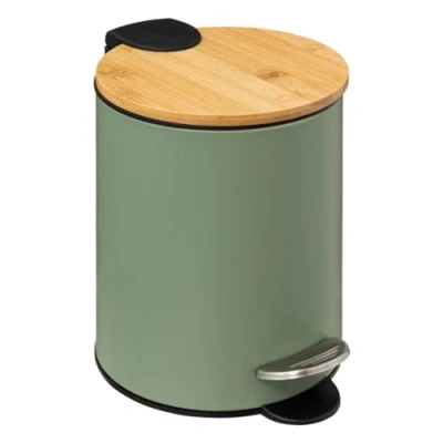 Afbeelding van 5Five Stijlvol &amp; Compact Afvalemmer 3L met Bamboe Deksel Softclose Kakigroen