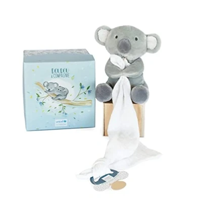 Afbeelding van DOUDOU et Compagnie UNICEF PANTIN MET speenclip Koala 12 cm Grijs Geschenkdoos DC3747