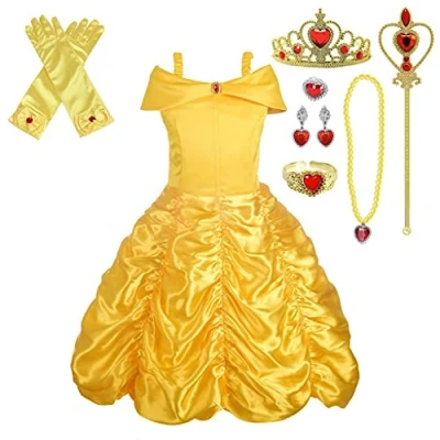 Afbeelding van Lito Angels Verkleedjurk prinsessenjurk Belle kostuum met accessoires kinderen meisjes, maat 4 5 jaar, geel, A