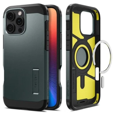 Image de Spigen Tough Armor AI MagFit Coque de protection pour téléphone portable compatibilité avec MagSafe polycarbonate, polyuréthanne thermoplastique (TPU), mousse à impact vert abîme Apple iPhone 16 Pro