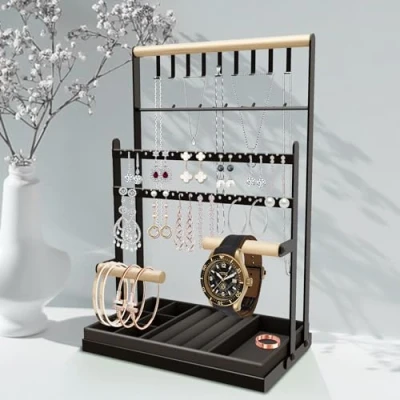 Afbeelding van sieradenstandaard, oorbelhouder, kettinghouder, metalen frame, fluwelen dienblad, kettinghouder voor sieraden, oorbellen, kettingen,
