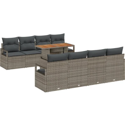Afbeelding van vidaXL 9 delige tuinset met kussens Grijs Poly Rattan