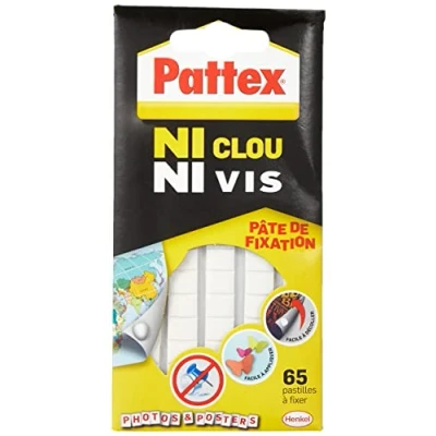 Image de Pattex Ni Clou Vis pâte de fixation, pastilles adhésives repositionnables blanches faciles à enlever, collante pré découpée pour papier, poster, décoration légère 65