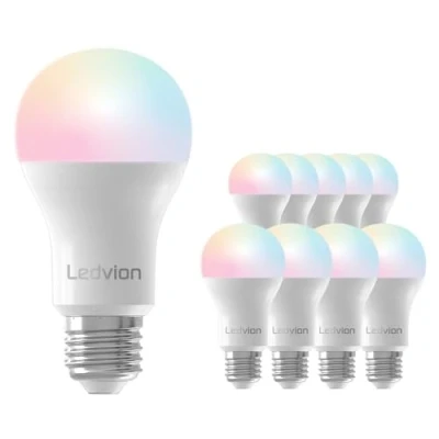 Afbeelding van Ledvion Set van 10 Smart RGB+CCT E27 LED Bulb, Wi Fi Verlichting, Wifi Light Dimbaar, 8W, 806 Lumen, Compatibel met onder andere Alexa en Google Home.