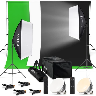 Afbeelding van PIXETOOL Green Screen 2,8 x 1,8M met achtergrondsysteem 2 2M Fotostudio Set Greenscreen Inclusief Wit en Zwart achtergronddoek, Softbox, Lamphouders, LED lampen &amp; Draagtas