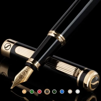 Afbeelding van Zwarte Lak Vulpen Scriveiner Prachtige Pen met 24K gouden afwerking, Schmidt 18K vergulde penpunt (breed), beste Gift Set voor mannen en vrouwen, Professioneel, Executive, Office, Mooie Pennen
