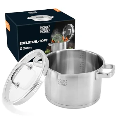 Afbeelding van Moritz &amp; 24 cm roestvrijstalen inductiekookpan met zeef in het deksel, geschikt voor alle warmtebronnen, schaal tot 6 liter, geïntegreerde