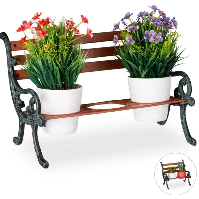 Afbeelding van Relaxdays mini plantenrek gietijzer hout voor 3 bloempotten Ø 9 cm tuindecoratie bruin grijs groen
