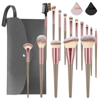 Afbeelding van Vicloon 15 delige professionele make upkwastenset met kunstleren tas, 2 poederkwasten (cosmetica), hoogwaardige synthetische foundation, concealer, blush