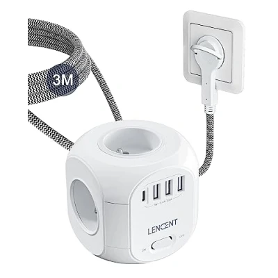 Afbeelding van LENCENT 3 m stekkerdoos kubus met 4 AC stopcontacten, USB en 1 type C, platte stekker, overspanningsbeveiliging voor verlengkabel schakelaar keuken, kantoor, gevlochten kabel