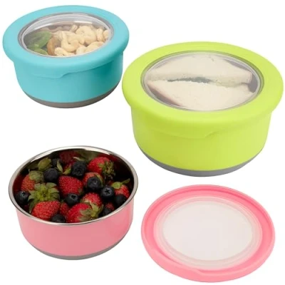 Afbeelding van Belle Vous 3 Pak Roestvrij Stalen en Siliconen Voedsel Opslag Containers 420 1200 ml Draagbare BPA vrije Snack Potten met Lekvrije Deksels Vaatwasser &amp; Diepvries Veilige Lunchboxen