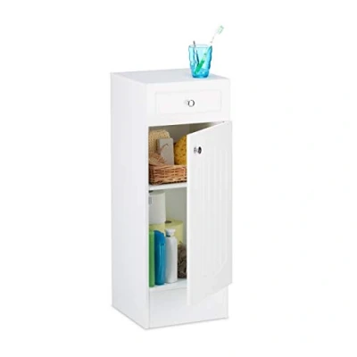 Afbeelding van Relaxdays badkamerkast hout kast wit voor badkamer met lade smal badkamerkastje