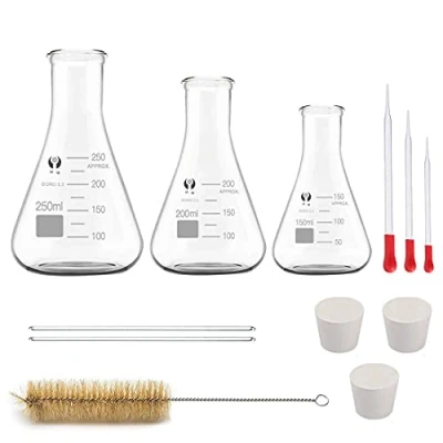 Afbeelding van Erlenmeyer glazen flessen, 3 stuks, conische fles, 150 ml/200 ml/250 ml, pipetten, 2 roerstaafjes en 1 reinigingsborstels, voor laboratorium, experimenten, chemie