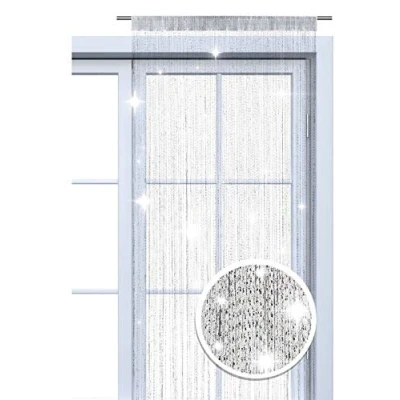 Afbeelding van Wometo Oeko Tex Glitterdraadgordijn, 90 x 245 cm, wit, zilver, glanzend, decoratief, transparant, semi transparant