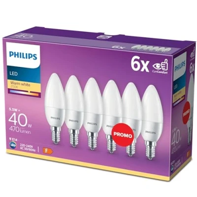 Afbeelding van Philips LED lamp vervangt warm wit (2700 Kelvin), 470 lumen, kaars, kunststof, wit, E14, 5,5 W, 240 V