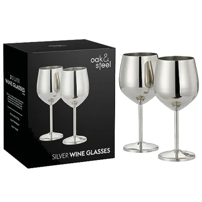 Afbeelding van Oak &amp; Steel 2 Zilveren Roestvrijstalen Wijnglazen, 520 ml Wijnglazen voor Speciale Gelegenheden met Geschenkdoos