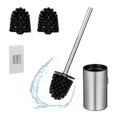 Afbeelding van wc borstel met houder hangend plakstrip 2 reserve borstelkoppen zilver