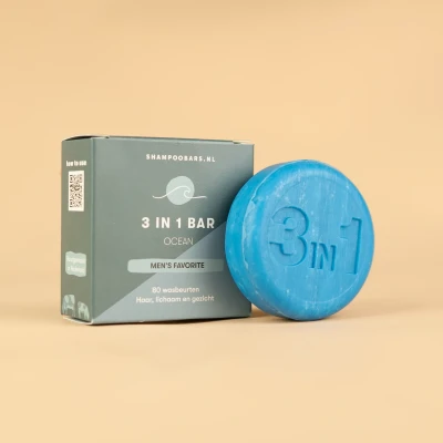 Afbeelding van 3 in 1 Bar Ocean Handgemaakt Nederland 80 wasbeurten Plasticvrij Dierproefvrij Vegan 100% biologisch afbreekbare verpakking