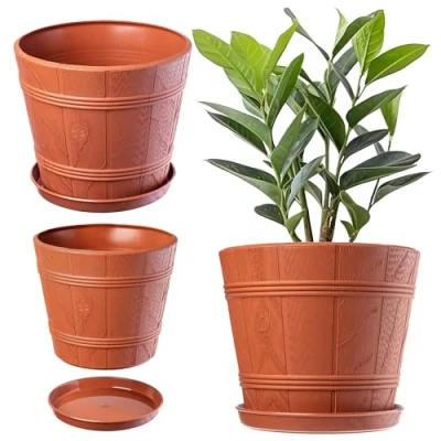 Afbeelding van KADAX Bloempot met onderzetter, voor binnen en buiten, houtlook, van weerbestendig, kunststof, bloemen, tuin, balkon (diameter 19 cm, terracotta)