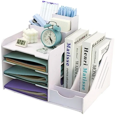 Afbeelding van Brievenbak met 7 vakken tijdschriftenhouder, houten archieflade voor bureau, bureaublad penhouder, papierarchiefvak, aktetas