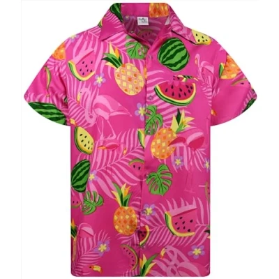 Afbeelding van King Kameha Funky Hawaïhemd voor heren, korte mouwen, borstzakje, flamingo print, meloen, Roze meloen