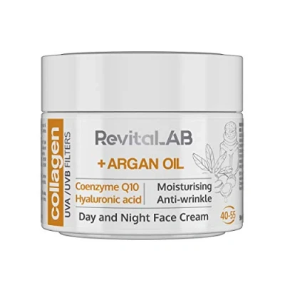 Afbeelding van RevitaLAB Hydraterende en anti aging collageen dag nachtcrème, verrijkt met hyaluronzuur, co enzym Q10, arganolie UVA/UVB stralingsfilter, voor personen van 40 tot 55 jaar, 50 ml
