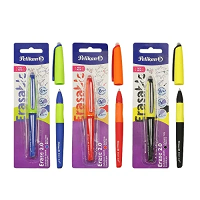 Afbeelding van Pelikan Erase 2.0 rollerbalpen, afwasbaar, ergonomisch, zwart, rood en blauw, voor rechts linkshandigen, school, navulbaar, 3 stuks